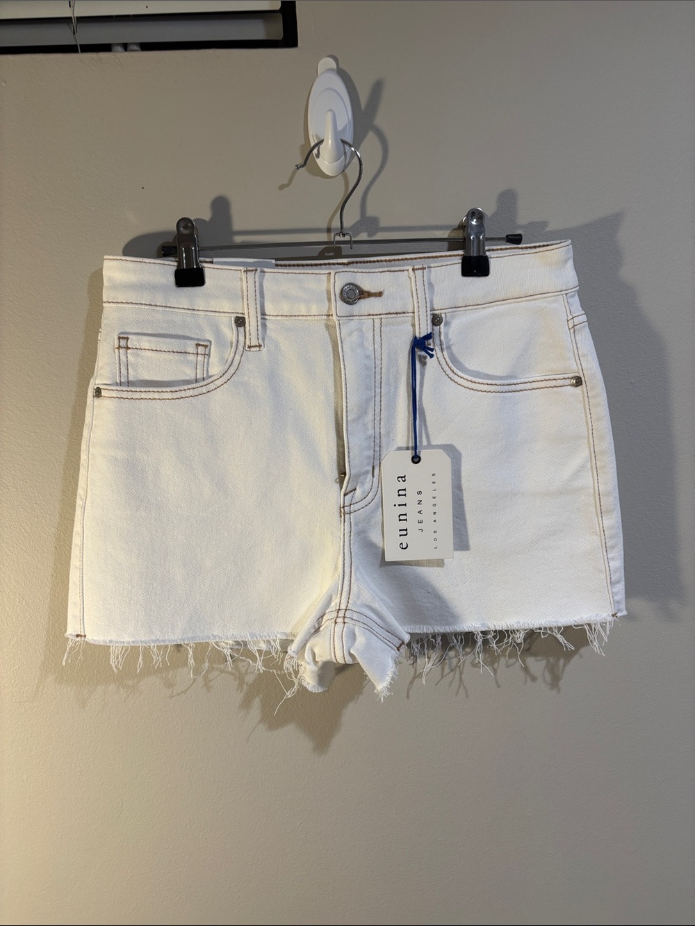 eunina White Frayed-Hem High-Rise Denim Shorts